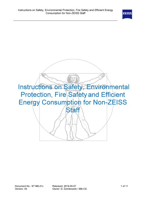 Предварително изображение на Instructions on Safety, Environmental Protection, Fire Safety and Efficient Energy Consumption for Non-ZEISS Staff