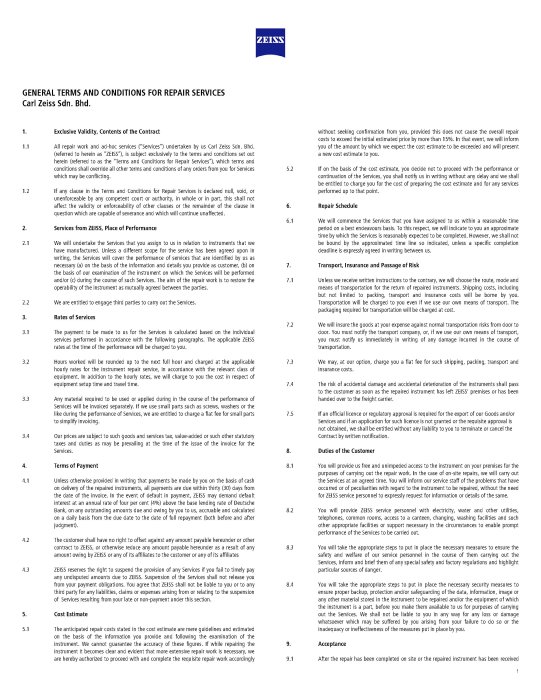 Preview image of General Terms and Conditions for Repair Services Carl Zeiss Sdn. Bhd.