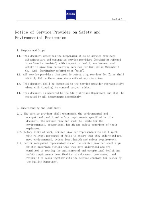 Preview image of Notice of Service Provider on Safety and Environmental Protection