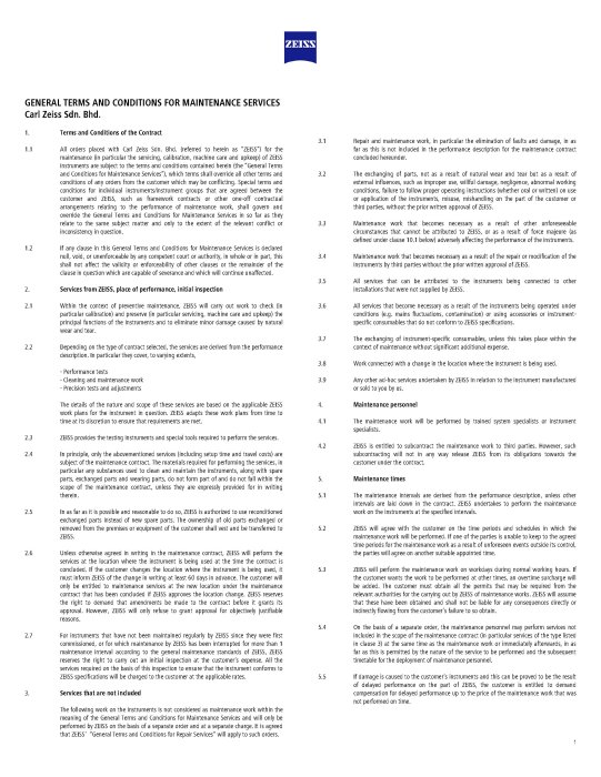 Preview image of General Terms and Conditions for Maintenance Services Carl Zeiss Sdn. Bhd.