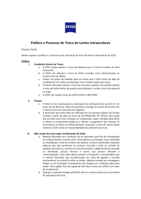 Pré-visualizar imagem de IOL Exchange Policy / Política e Processo de Troca de Lentes Intraoculares BR