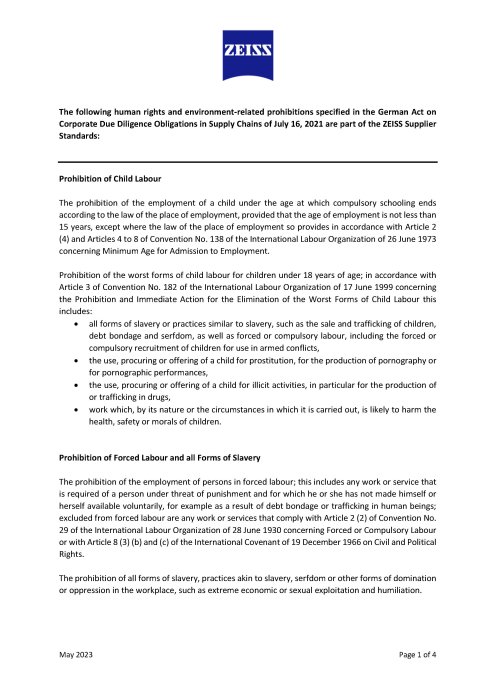 Preview image of ZEISS Supplier Standards – human rights and environment related prohibitions of the GSCA