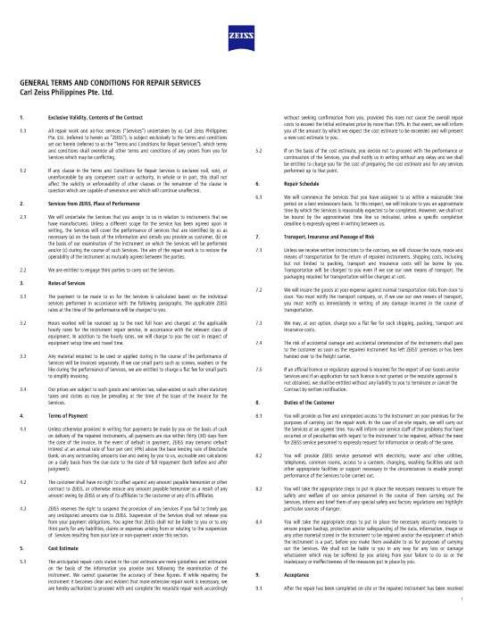 Preview image of General Terms and Conditions for Repair Services Carl Zeiss Philippines Pte. Ltd.