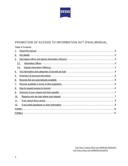 Preview image of Carl Zeiss PAIA Manual SA 29.11.2021