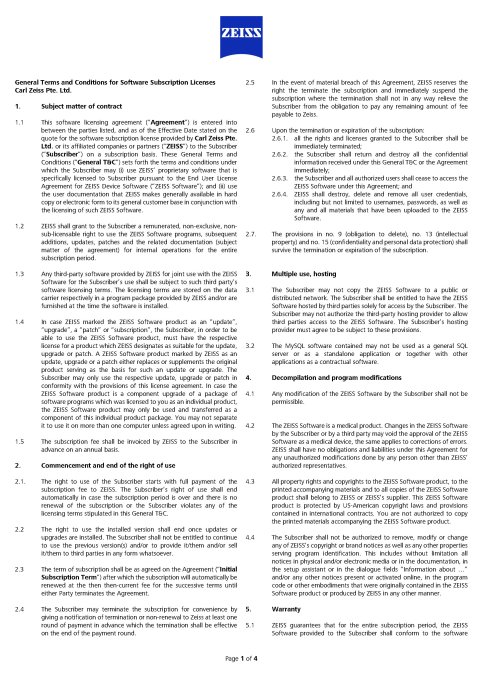 Preview image of General Terms and Conditions of License Subscription - Carl Zeiss Pte. Ltd.