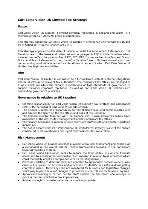 Preview image of Carl Zeiss Vision UK Limited Tax Strategy 2023