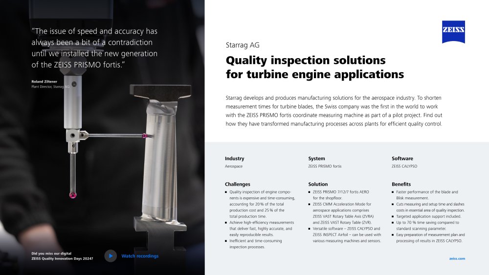 Voorbeeldafbeelding van ZEISS Aerospace Starrag AG PRISMO fortis ZEISS CALYPSO Quick Success Story EN