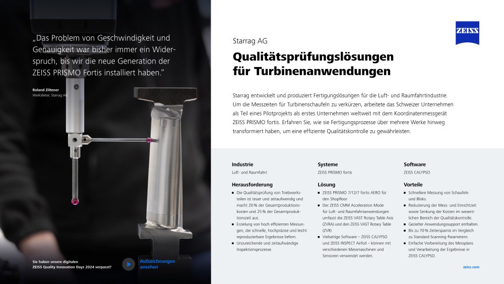 ZEISS Aerospace Starrag AG PRISMO fortis ZEISS CALYPSO Quick Success Story DE
