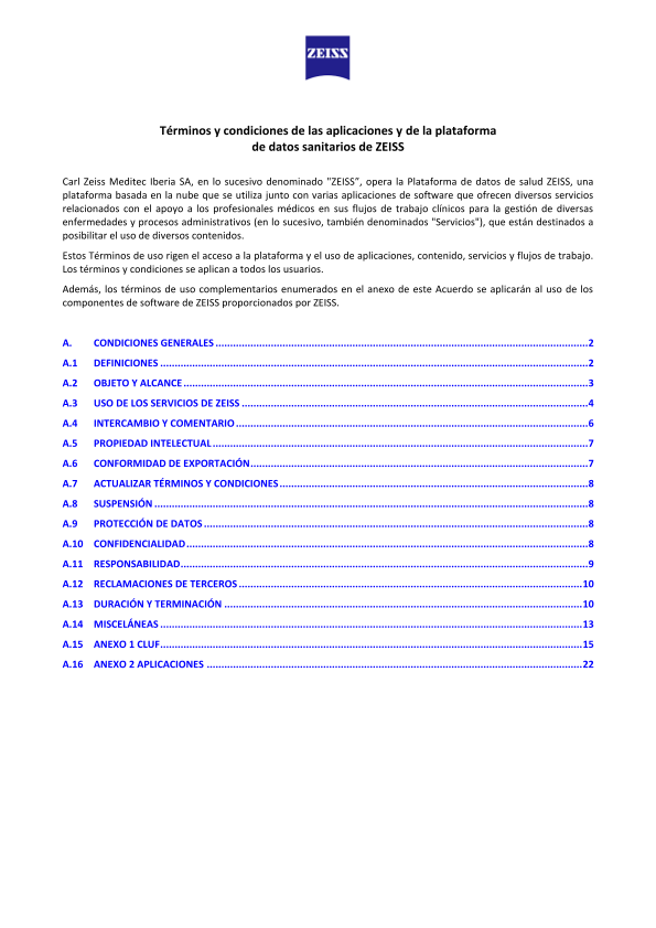 Vista previa de imagen de Terms and Conditions of the ZEISS Health Data Platform and Apps ZEISS Health Data Platform ES