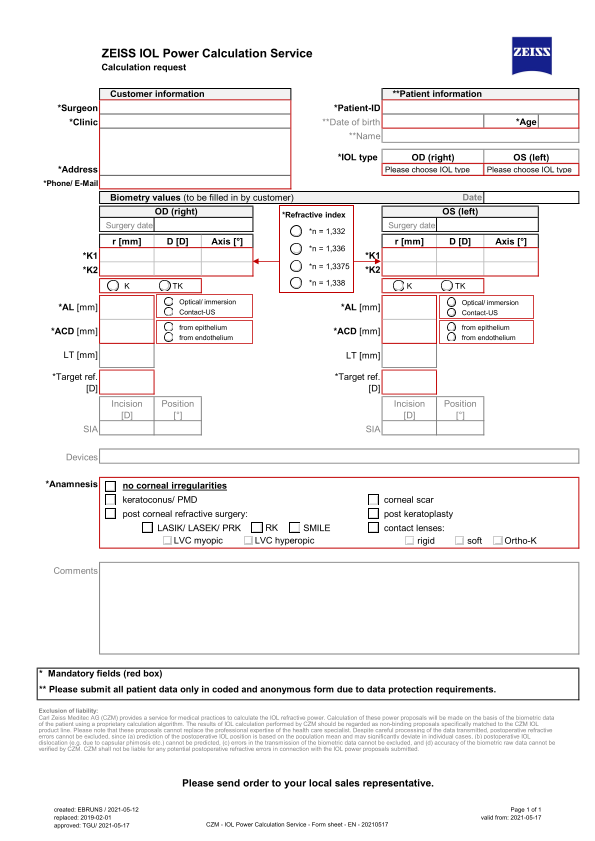 Preview image of IOL Calculation Request Sheet PDF EN