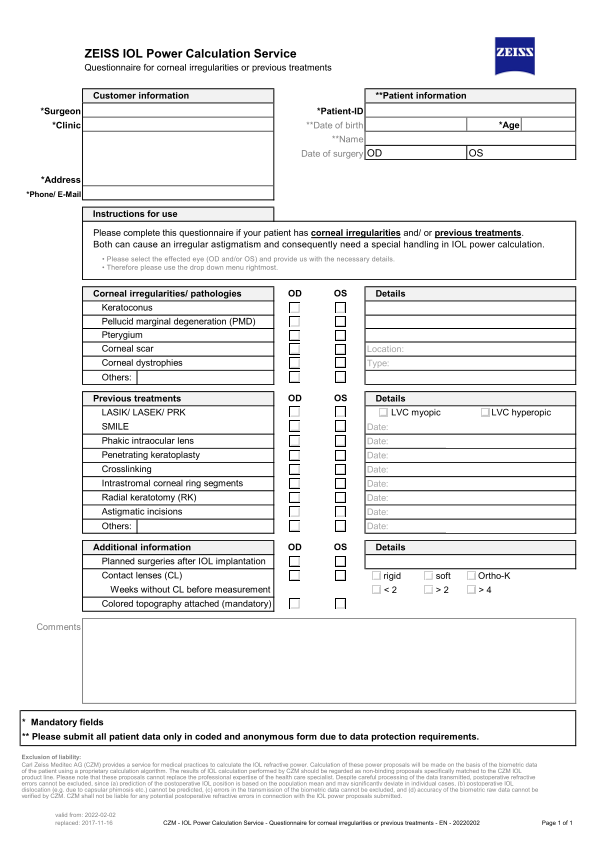 Pré-visualizar imagem de IOL Calculation Request Sheet (Corneal irregularities or previous treatments) PDF EN