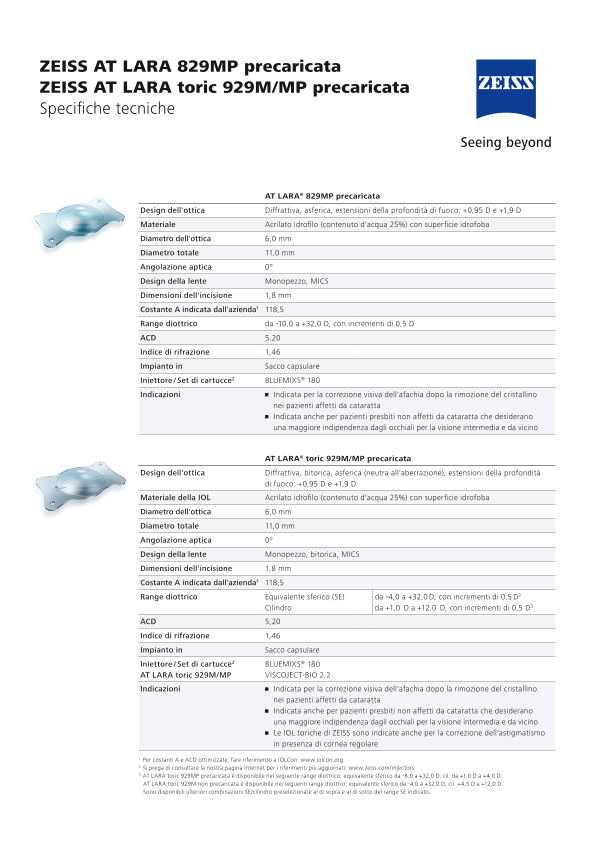 Anteprima immagine di AT LARA 829MP & toric 929M/MP Datasheet IT