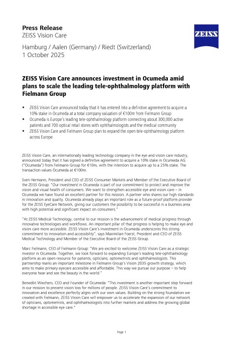 Preview image of Press Release ZEISS Vision Care invests in Ocumeda