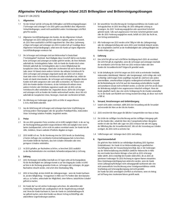 Vorschaubild von Allgemeine Verkaufsbedingungen Brillengläser und Brillenreinigungslösungen