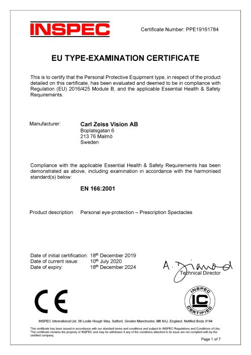 Förhandsbild av Certificate EU Regulation 2016/425 for Safety Eyewear