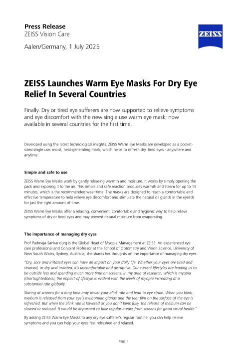 Preview image of ZEISS Launches Warm Eye Masks For Dry Eye Relief in Several Countries
