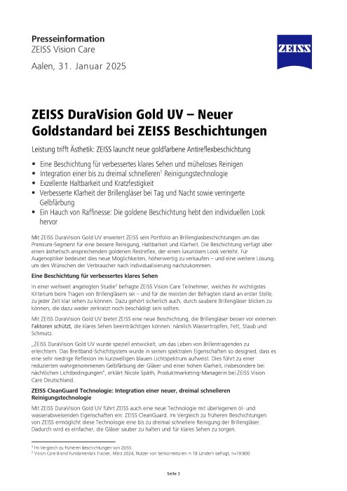 Vorschaubild von Pressemitteilung ZEISS DuraVision Gold UV