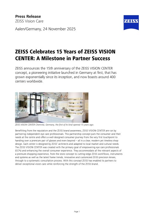 Preview image of Press Release 15 years ZEISS VISION CENTER