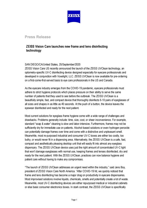Preview image of Press Release ZEISS UVClean
