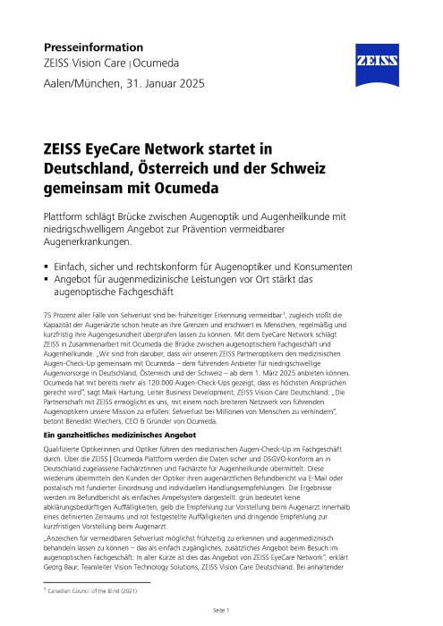 Vorschaubild von Pressemitteilung ZEISS EyeCare Network