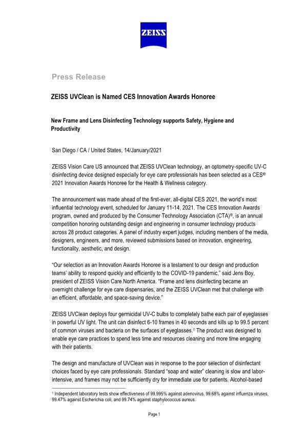 ZEISS UVClean is Named CES Innovation Awards Honoree